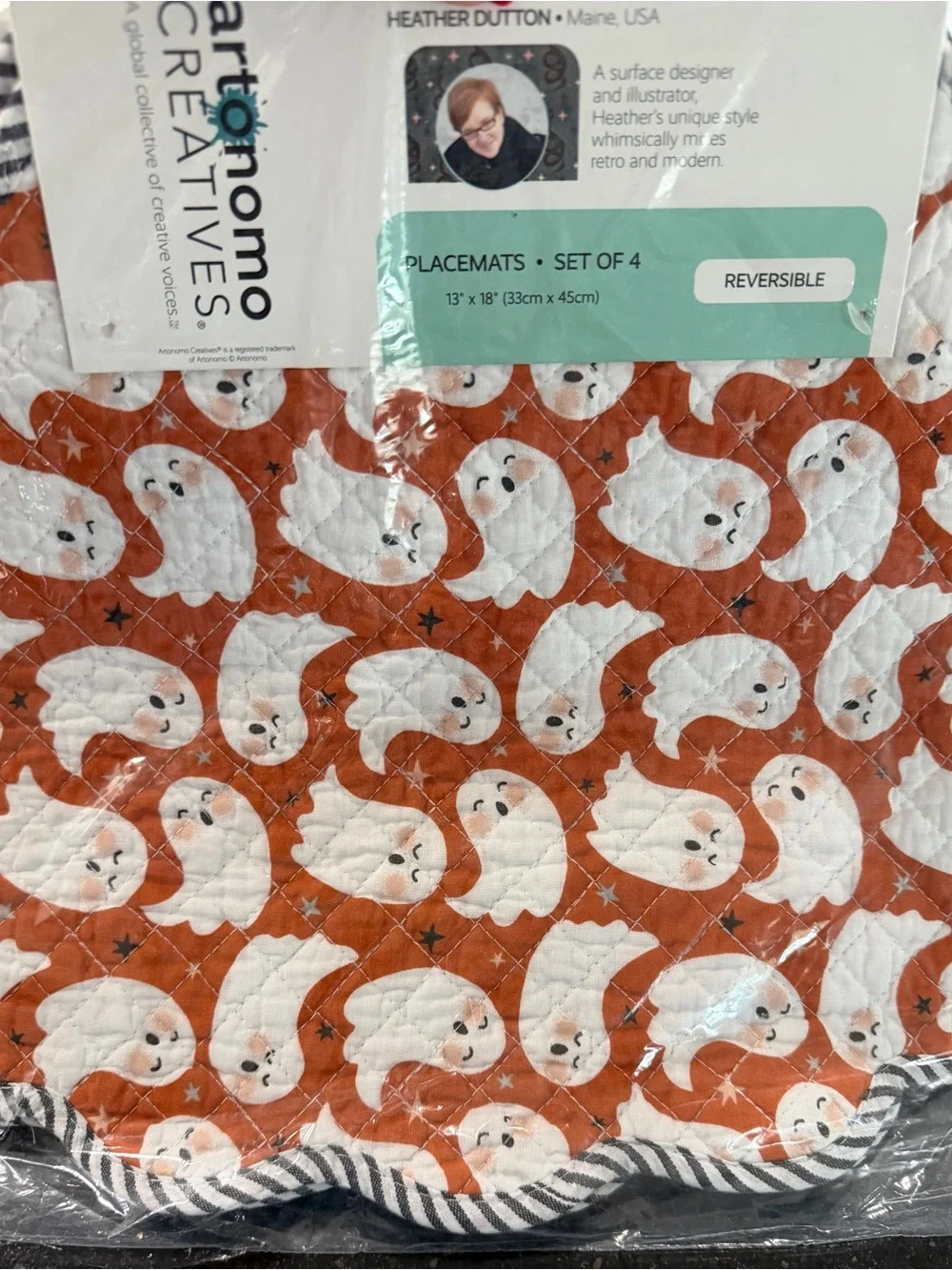 Artonomo Creatives Orange Ghost Reversible Quilted Halloween Placemats Set of 4